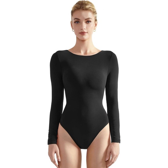 Black Long Sleeve Bodysuit Scoop Back Snap Closure Women's Size L - Picture 1 of 6